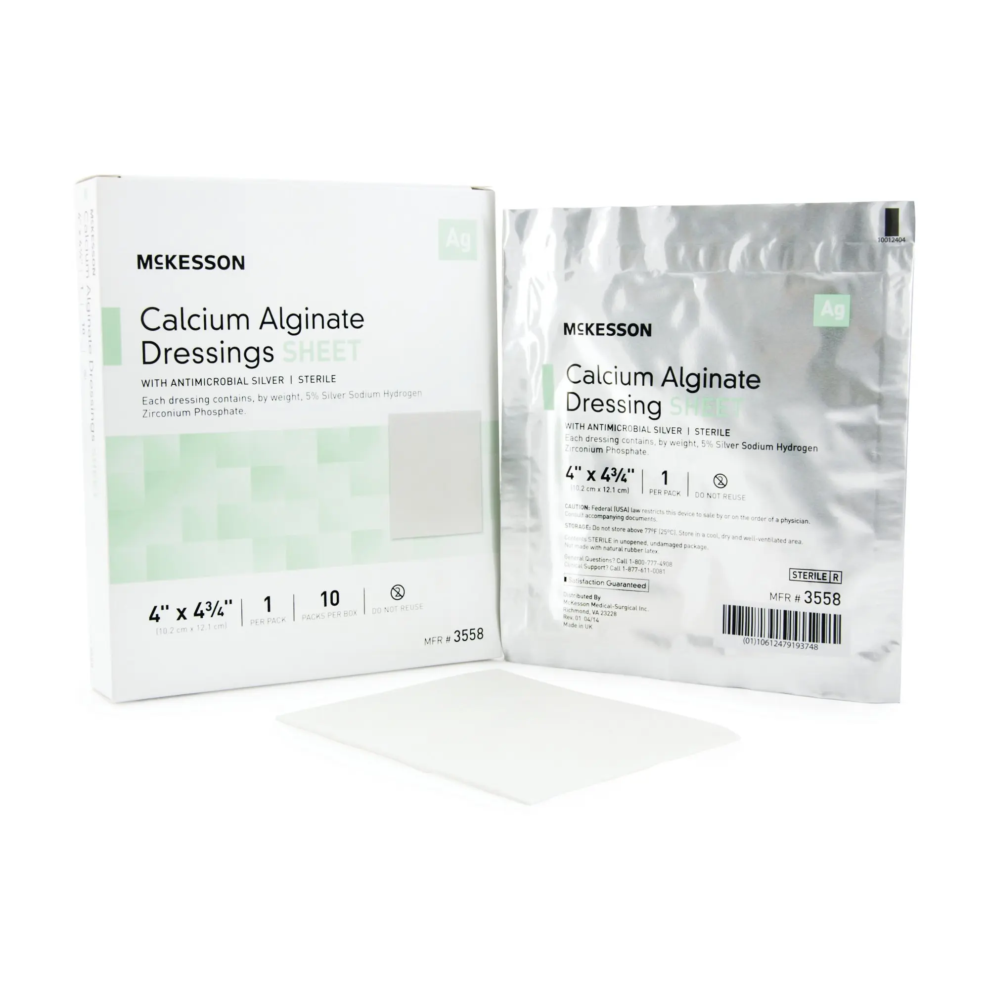 Calcium Alginate Dressings, Antimicrobial Silver 4" x 4 3/4"    10/box