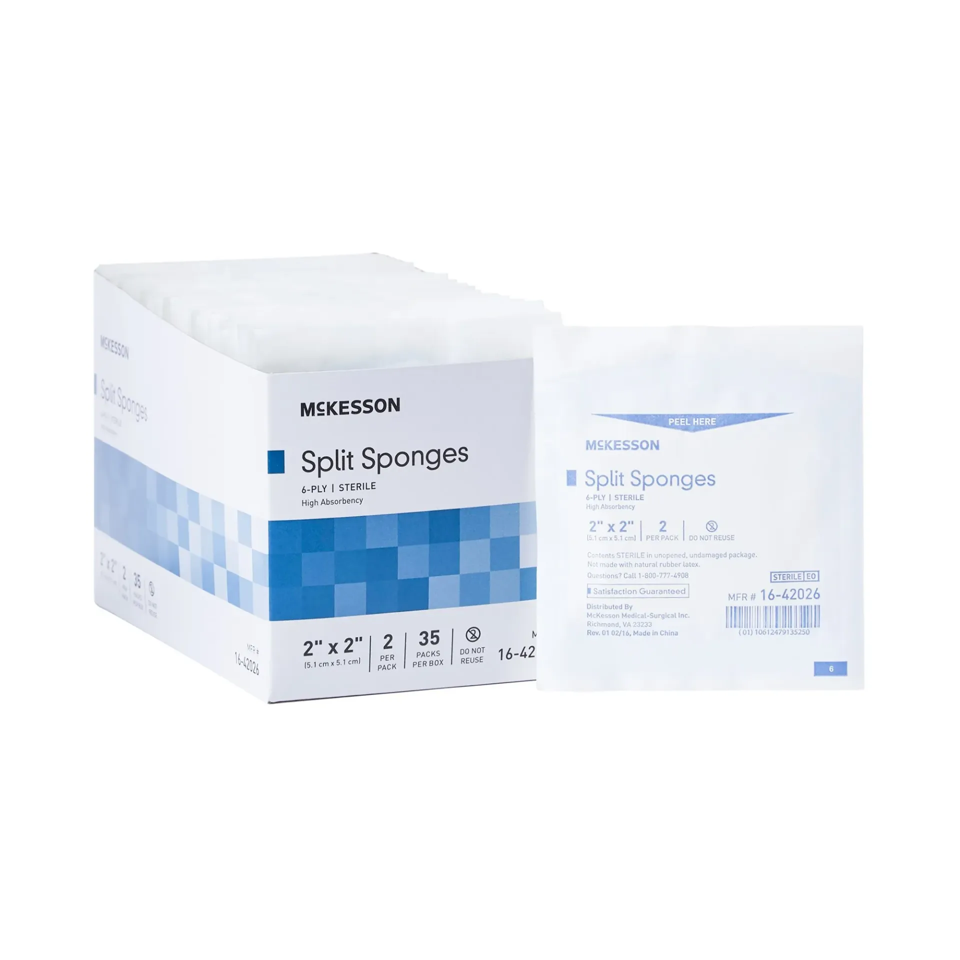 Split Sponges High Absorbency Sterile, 6 ply, 2" x 2" 35/box